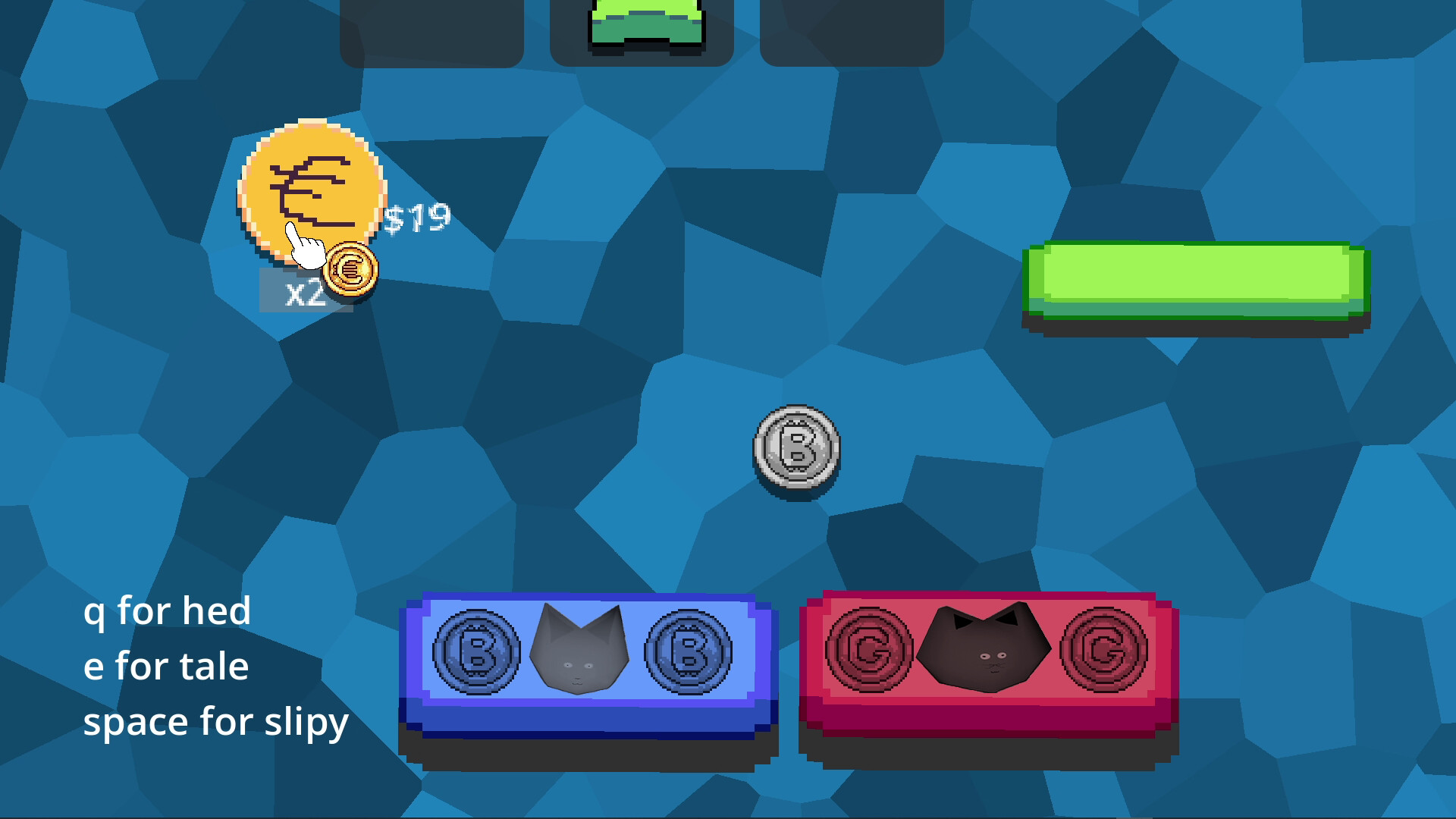 Blue stage: heads and tails buttons with fox faces, a doubling coin multiplier.