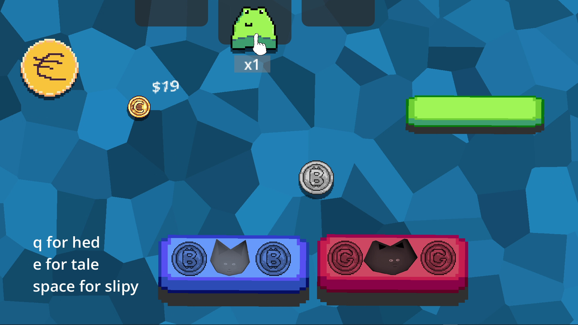 A frog sits in an upgrade slot above an x1 multiplier tooltip.
